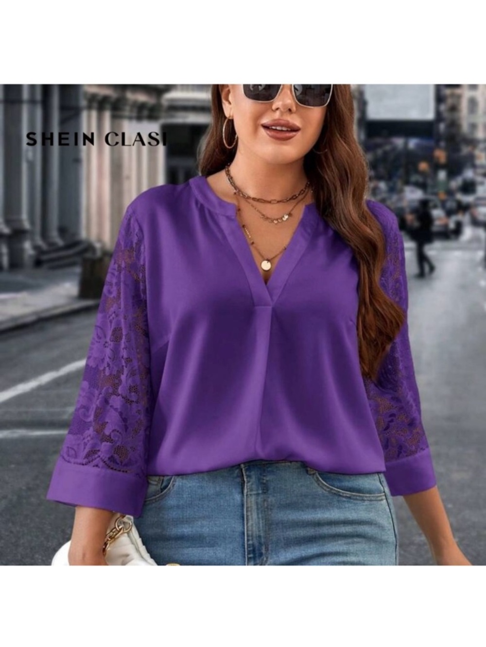 Shein Classic Purple Lace Sleeve V-Neck Women’s Top